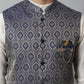 Men Off White Solid Kurta Pyjama with Navy Blue Woven Design Nehru Jacket ( JOKPWC W-D 4069Navy )