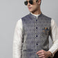 Men Off White Solid Kurta Pyjama with Navy Blue Woven Design Nehru Jacket ( JOKPWC W-D 4069Navy )