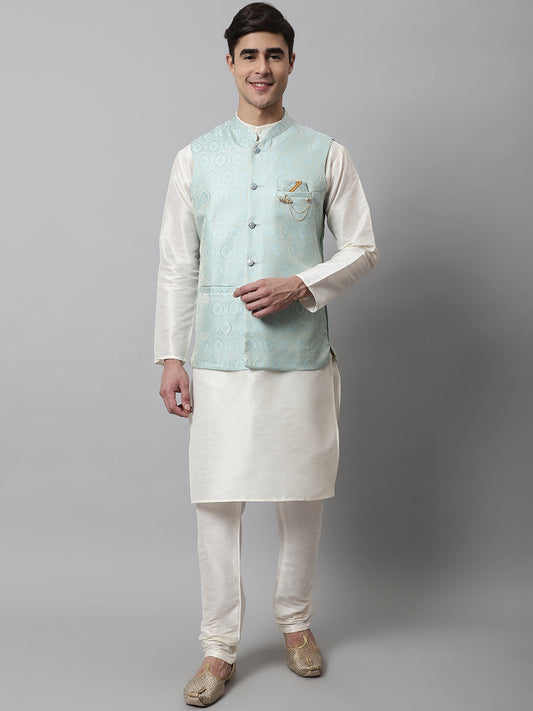 Men Off White Solid Kurta Pyjama with Sky Blue Woven Design Nehru Jacket ( JOKPWC W-D 4069Sky )