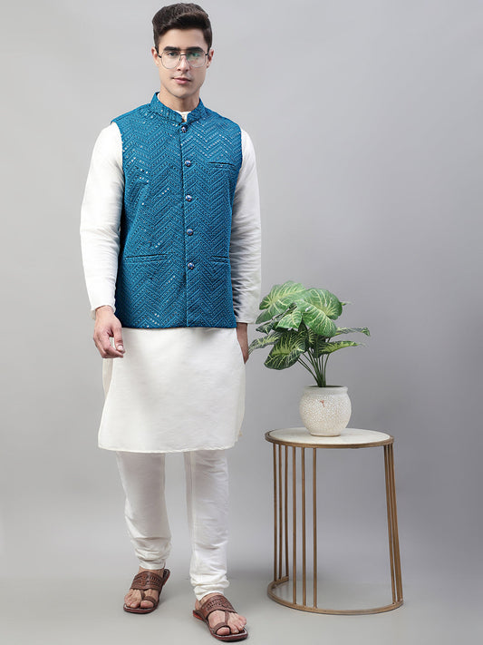 Men White Solid Kurta Pyjama with  Blue Embroidered Nehru Jacket ( JOKPWC W-D 4075 Peacock )