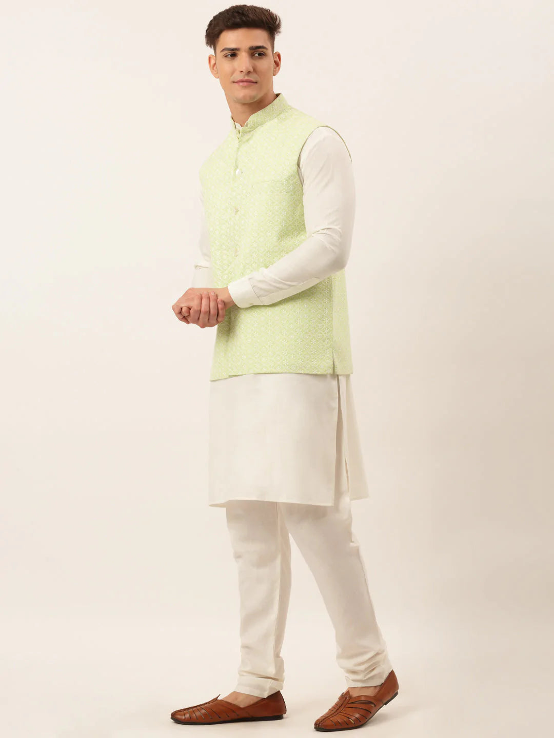 Men White Cotton Blend Kurta with Pyjamas & Green Embroidered Nehru Jacket( JOKPWC W-F 4041Green )