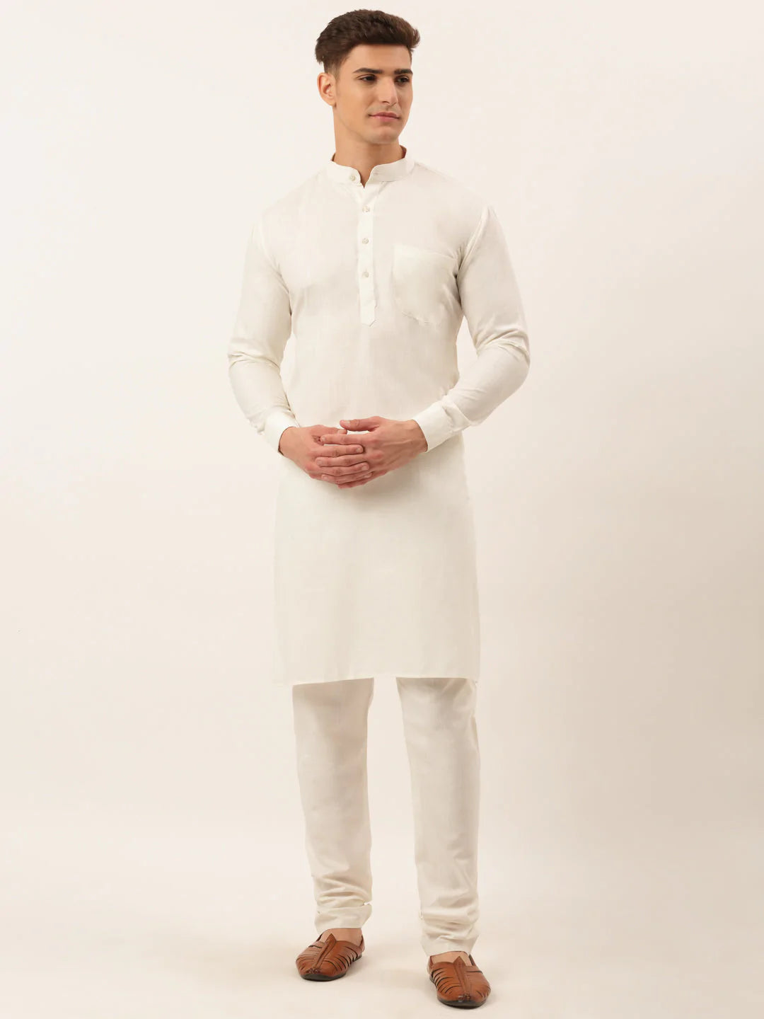 Men White Cotton Blend Kurta with Pyjamas & Orange Embroidered Nehru Jacket( JOKPWC W-F 4041Orange )