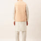 Men White Cotton Blend Kurta with Pyjamas & Orange Embroidered Nehru Jacket( JOKPWC W-F 4041Orange )