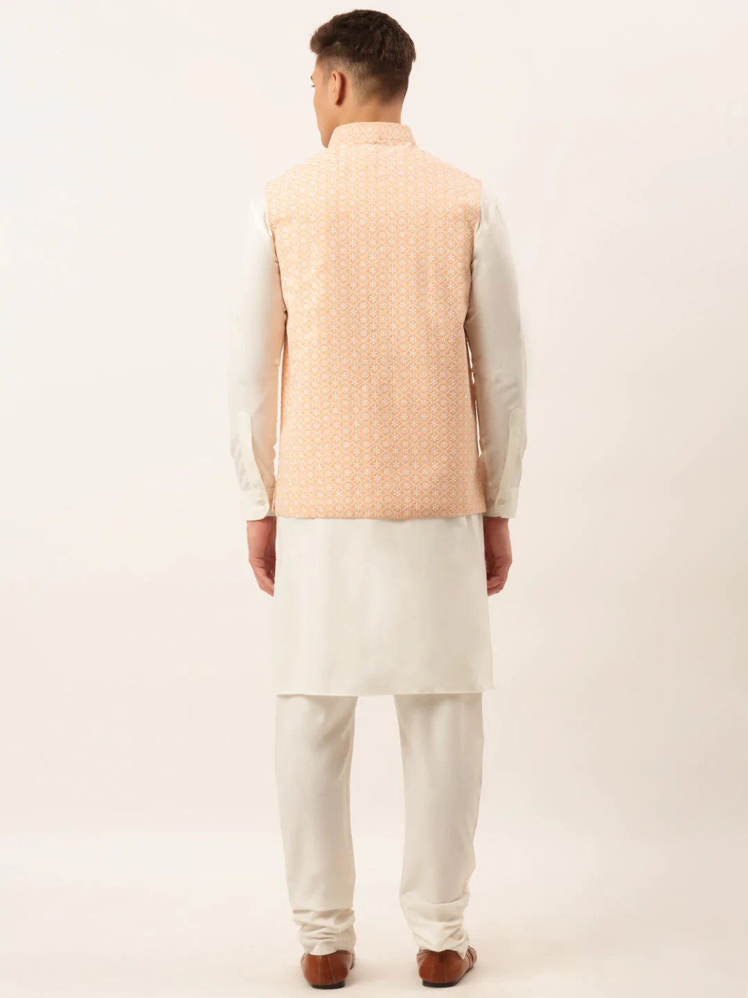 Men White Cotton Blend Kurta with Pyjamas & Orange Embroidered Nehru Jacket( JOKPWC W-F 4041Orange )