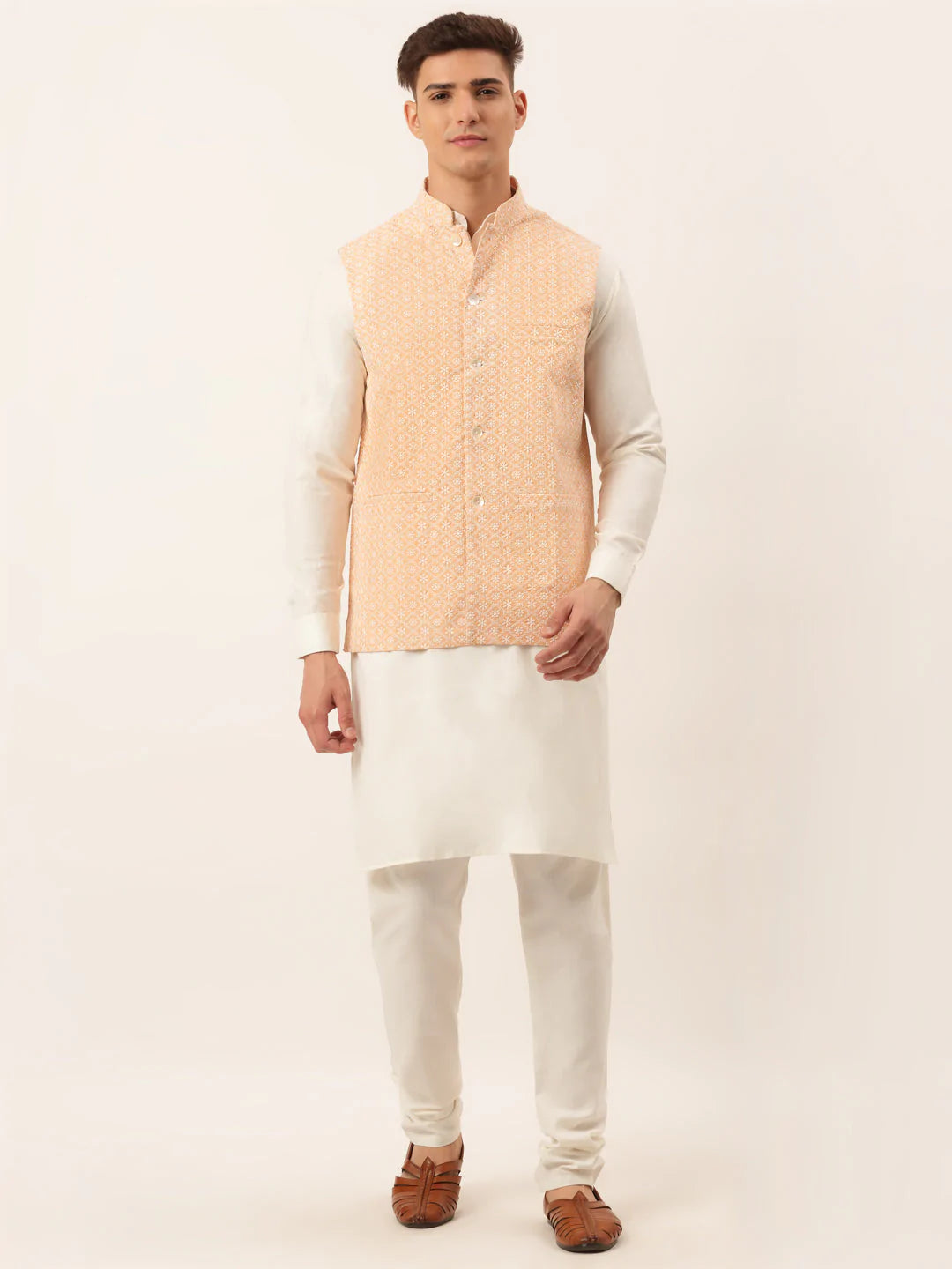 Men White Cotton Blend Kurta with Pyjamas & Orange Embroidered Nehru Jacket( JOKPWC W-F 4041Orange )