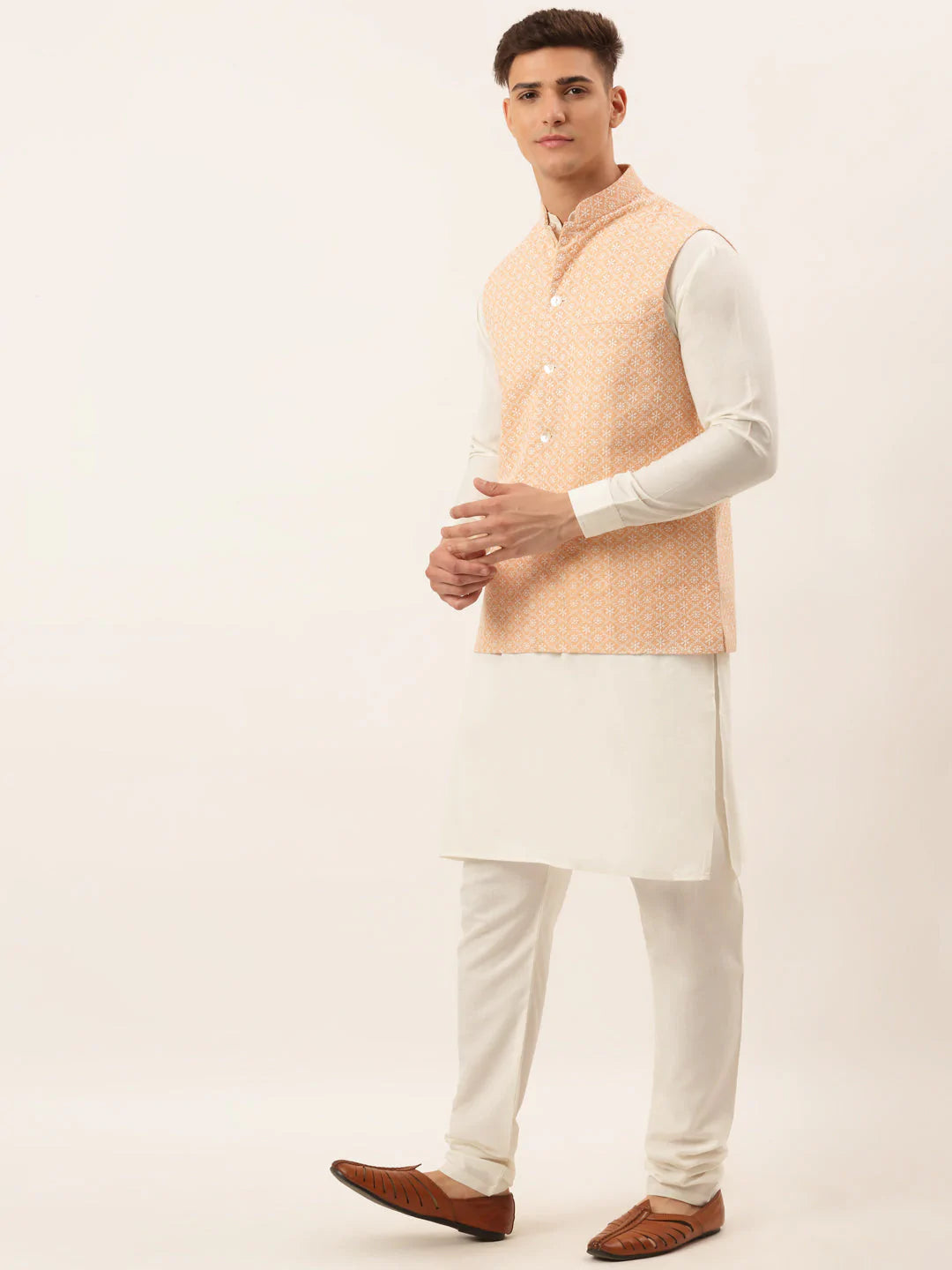Men White Cotton Blend Kurta with Pyjamas & Orange Embroidered Nehru Jacket( JOKPWC W-F 4041Orange )