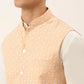 Men White Cotton Blend Kurta with Pyjamas & Orange Embroidered Nehru Jacket( JOKPWC W-F 4041Orange )