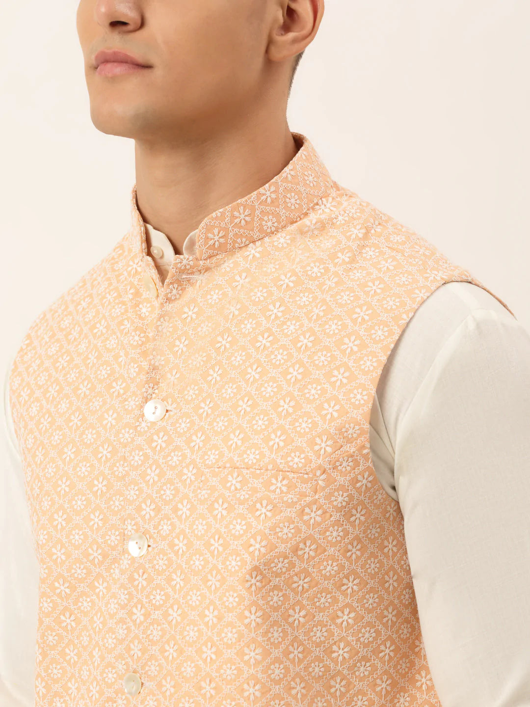 Men White Cotton Blend Kurta with Pyjamas & Orange Embroidered Nehru Jacket( JOKPWC W-F 4041Orange )