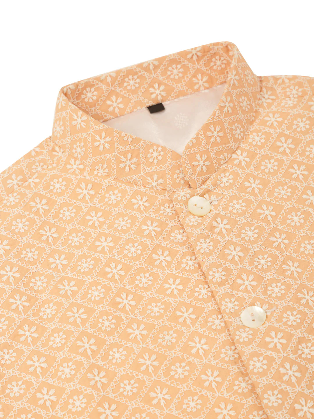 Men White Cotton Blend Kurta with Pyjamas & Orange Embroidered Nehru Jacket( JOKPWC W-F 4041Orange )