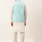 Men White Cotton Blend Kurta with Pyjamas & Sky Blue Embroidered Nehru Jacket( JOKPWC W-F 4041Sky )