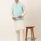 Men White Cotton Blend Kurta with Pyjamas & Sky Blue Embroidered Nehru Jacket( JOKPWC W-F 4041Sky )