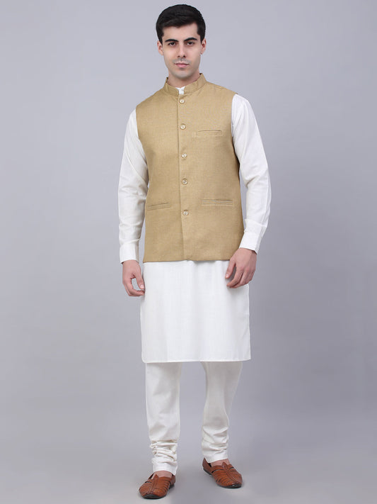 Men's Solid Kurta Pyjama With Nehru Jacket ( JOKPWC W-F 4046Beige )