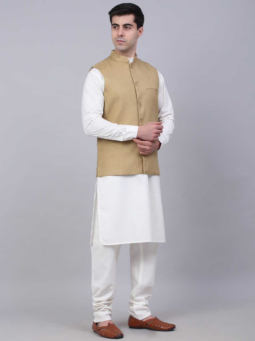 Men's Solid Kurta Pyjama With Nehru Jacket ( JOKPWC W-F 4046Beige )