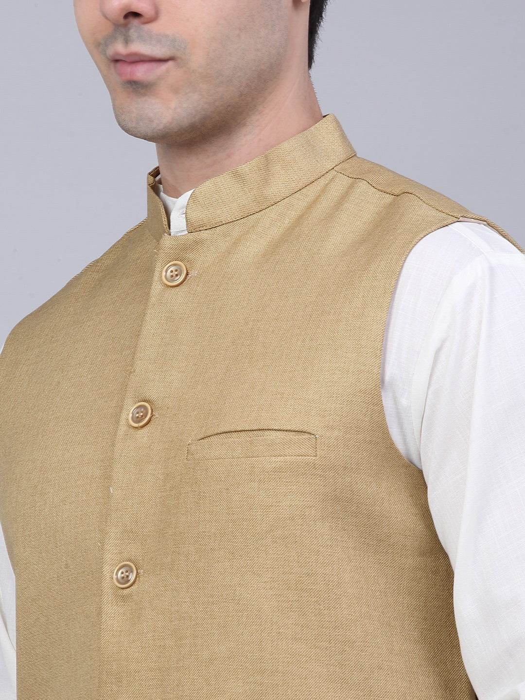 Men's Solid Kurta Pyjama With Nehru Jacket ( JOKPWC W-F 4046Beige )