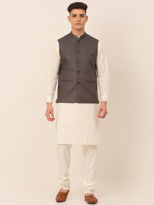 Men's Solid Kurta Pyjama With Nehru Jacket ( JOKPWC W-F 4046Charcoal )