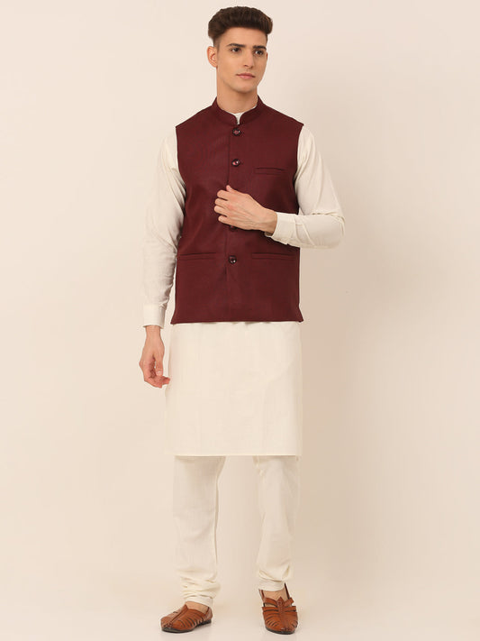 Men's Solid Kurta Pyjama With Nehru Jacket ( JOKPWC W-F 4046Maroon )