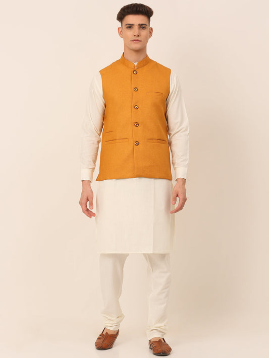Men's Solid Kurta Pyjama With Nehru Jacket ( JOKPWC W-F 4046Mustard )