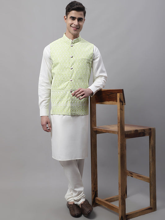Men off-White Solid Kurta Pyjama with  Green Embroidered Nehru Jacket ( JOKPWC W-F 4074 Green )