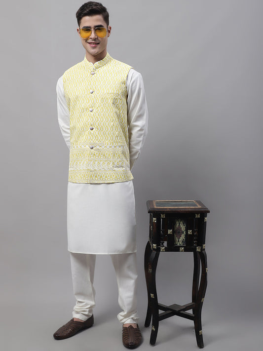 Men off-White Solid Kurta Pyjama with  Yellow Embroidered Nehru Jacket ( JOKPWC W-F 4074 Yellow )