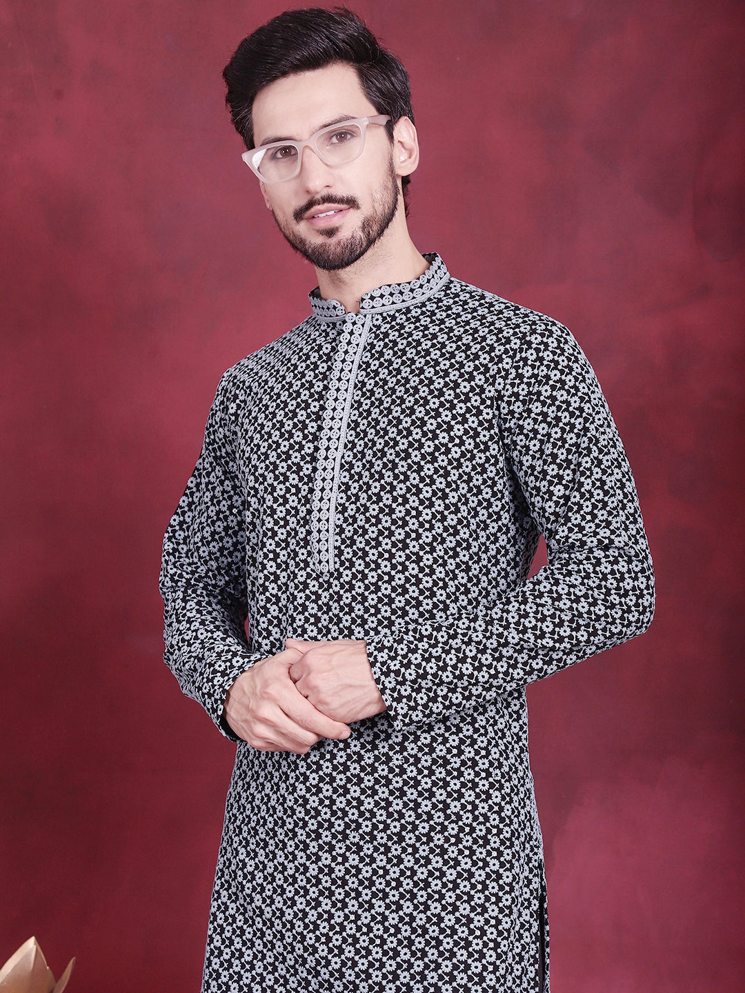 Men's Sequins Embroidered Kurta with Pyjama ( JOKP P 5013 Grey )