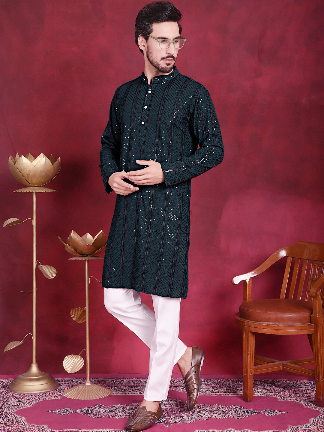 Men's Sequins Chikankari Embroidered Kurta with Pyjama ( JOKP 5015 Olive )