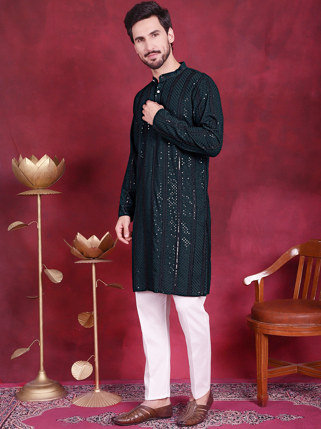 Men's Sequins Chikankari Embroidered Kurta with Pyjama ( JOKP 5015 Olive )