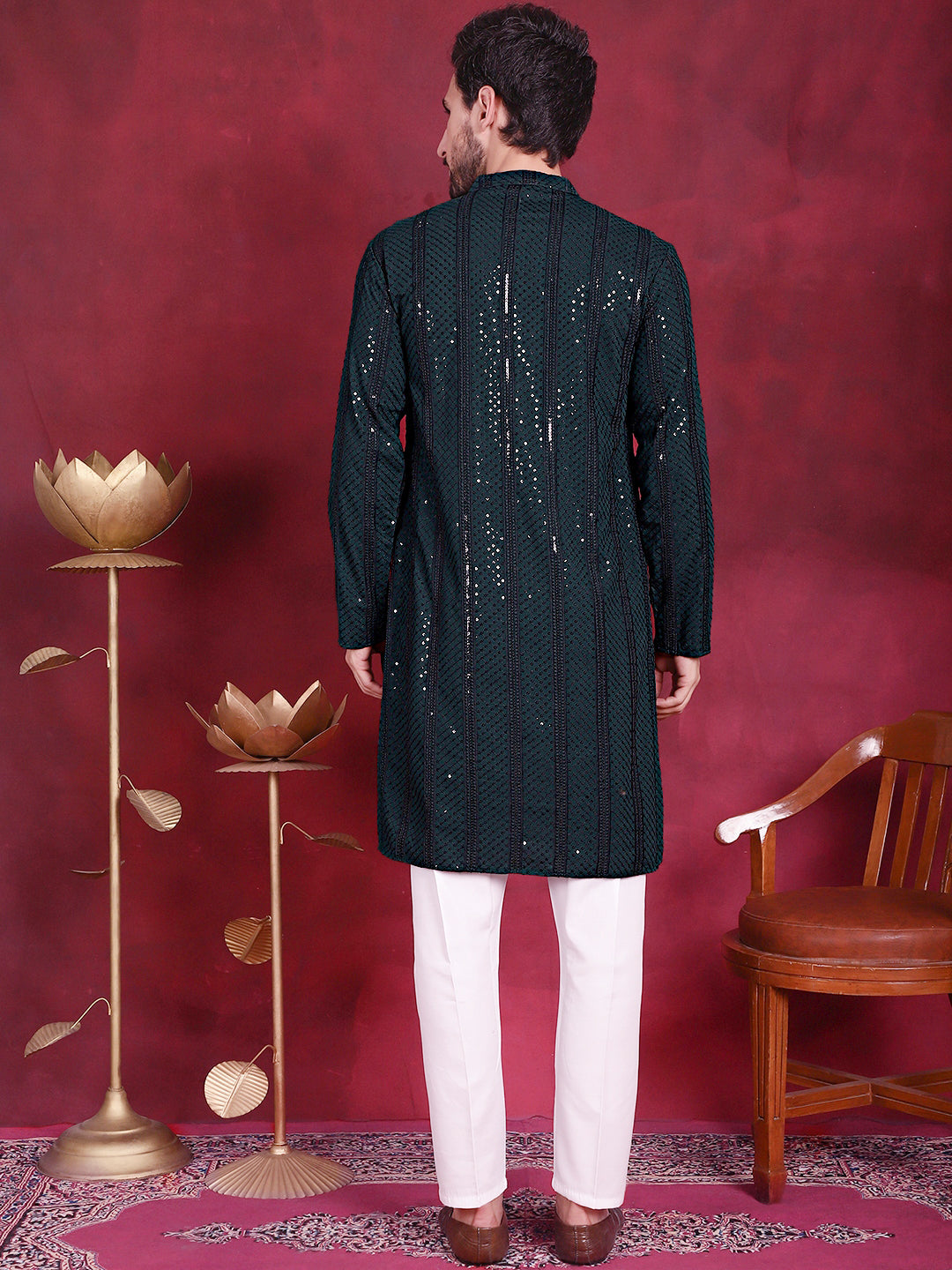 Men's Sequins Chikankari Embroidered Kurta with Pyjama ( JOKP 5015 Olive )