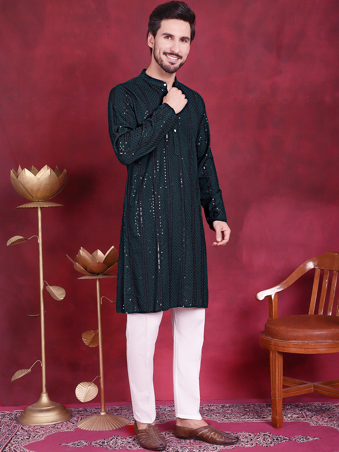 Men's Sequins Chikankari Embroidered Kurta with Pyjama ( JOKP 5015 Olive )