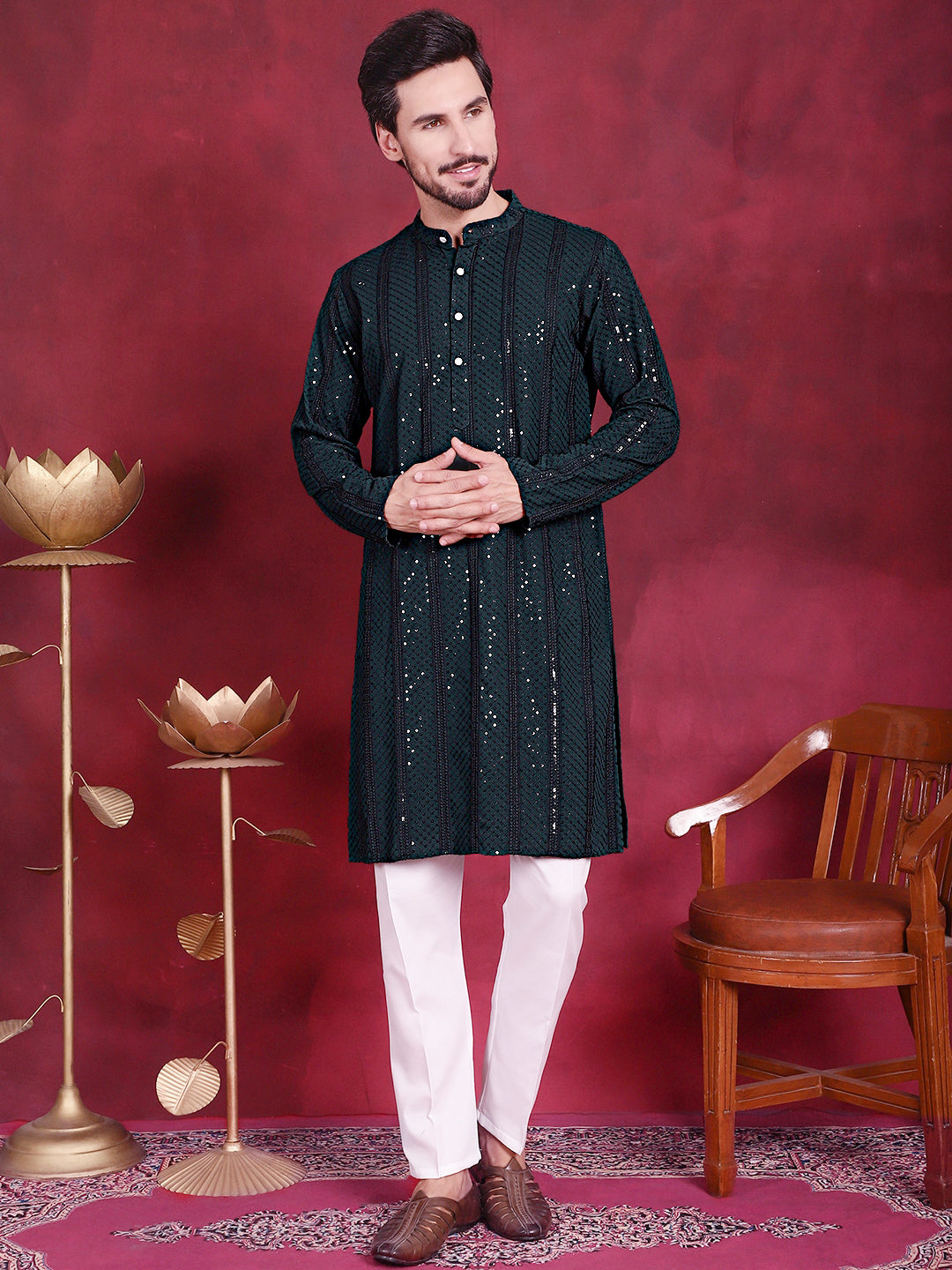 Men's Sequins Chikankari Embroidered Kurta with Pyjama ( JOKP 5015 Olive )