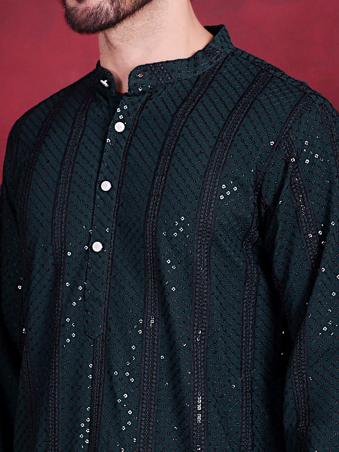 Men's Sequins Chikankari Embroidered Kurta with Pyjama ( JOKP 5015 Olive )