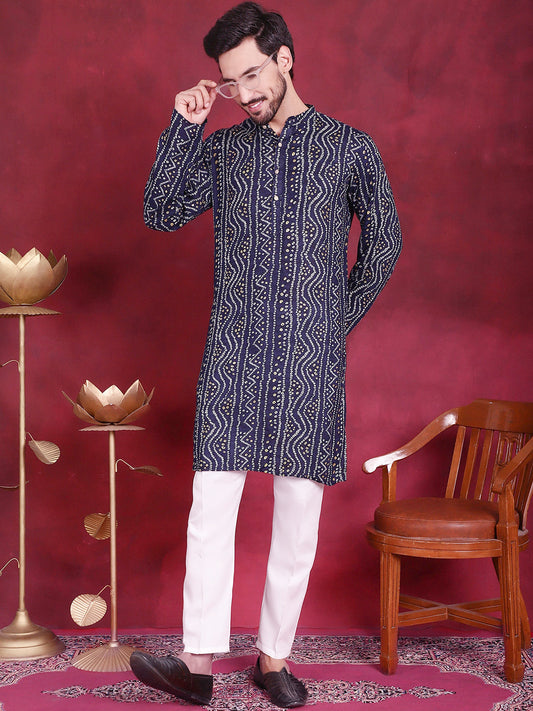 Men's Bandhani Printed Kurta with Pyjama ( JOKP 5016 Navy )