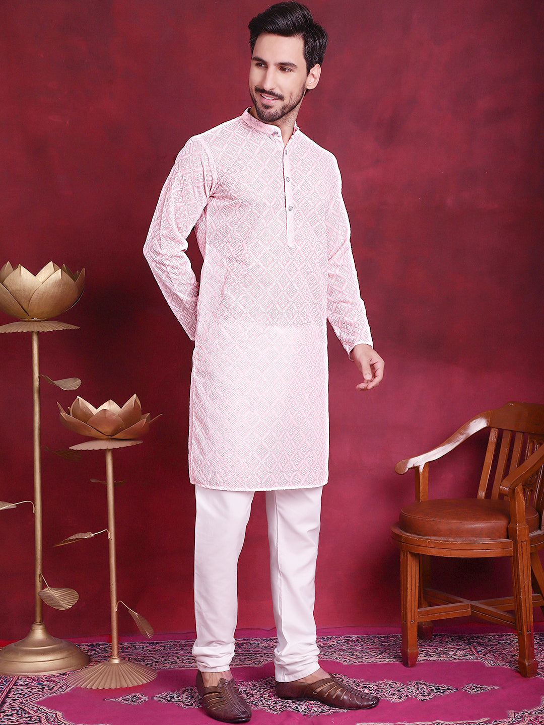 Chikankari Embroidered Kurta with Pyjama ( JOKP 5017 Pink ) [FF] [P-6]