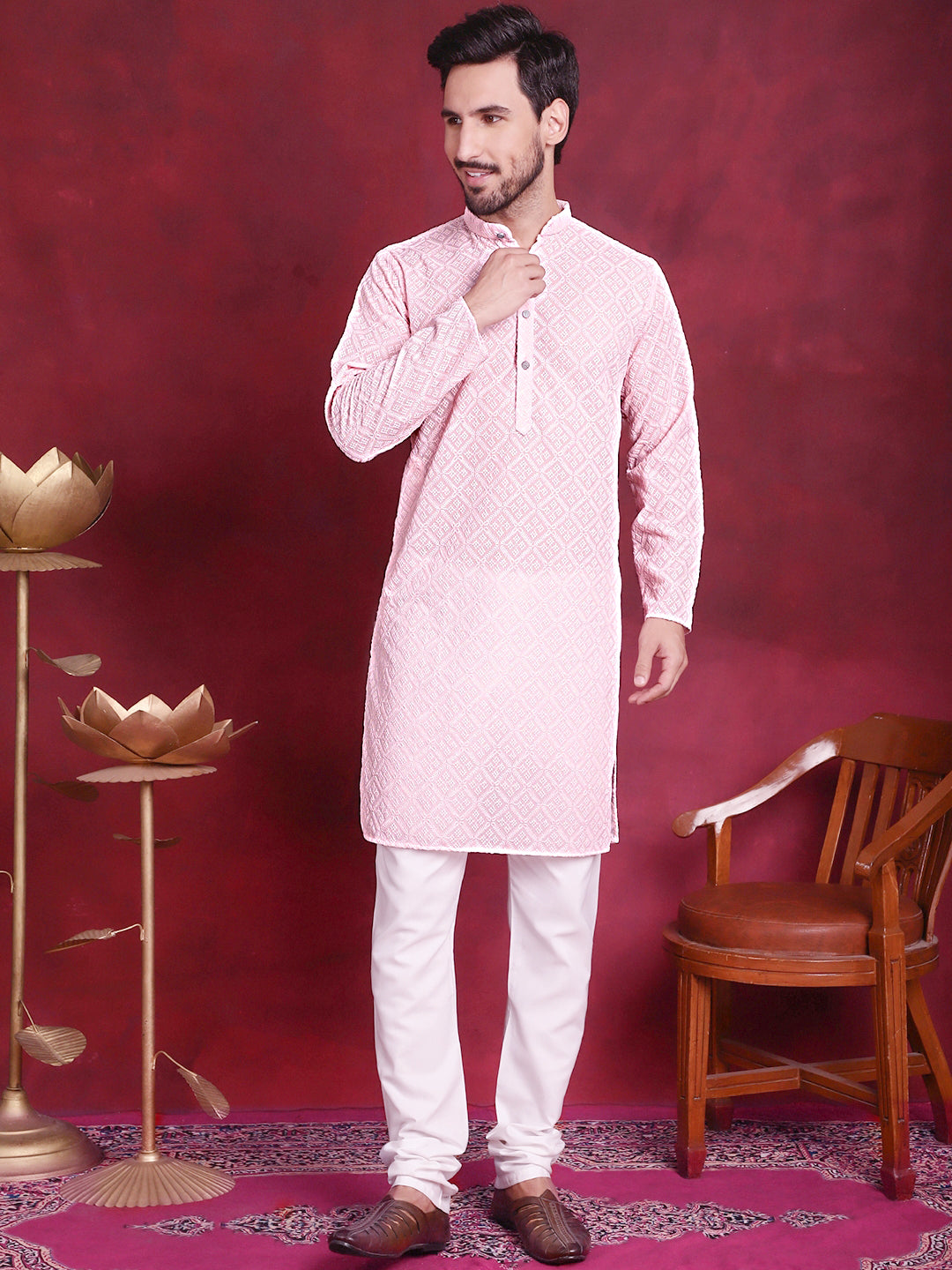 Chikankari Embroidered Kurta with Pyjama ( JOKP 5017 Pink ) [FF] [P-6]
