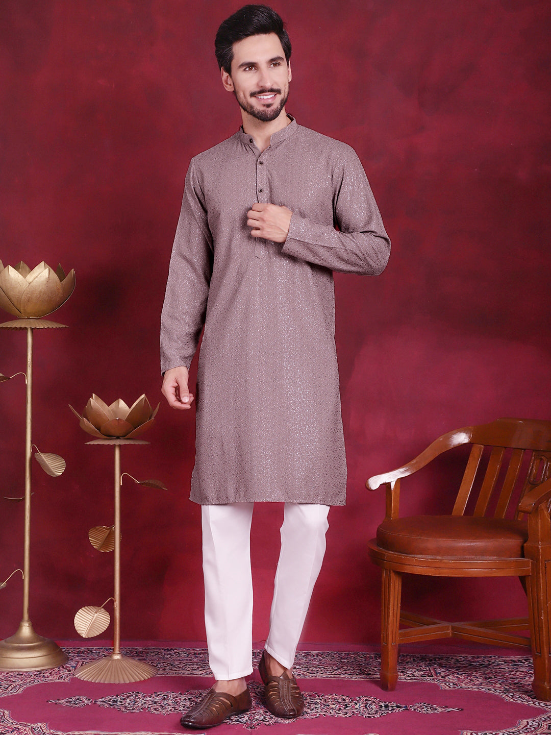 Sequins Chikankari Kurta with Pyjama ( JOKP 5018 Grey )