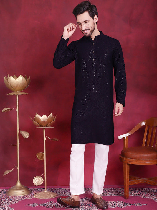 Sequins Chikankari Kurta with Pyjama ( JOKP 5018 Navy )