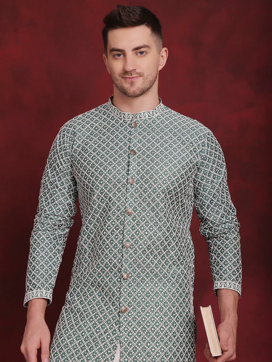 Men's Sequin Chikankari Front Open Kurta With Pyjamas ( JOKP P 5029Green )