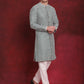 Men's Sequin Chikankari Front Open Kurta With Pyjamas ( JOKP P 5029Green )