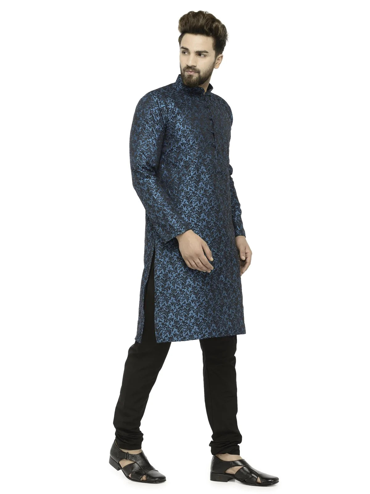 Men Green & Black Self Design Kurta with Churidar - Jompers