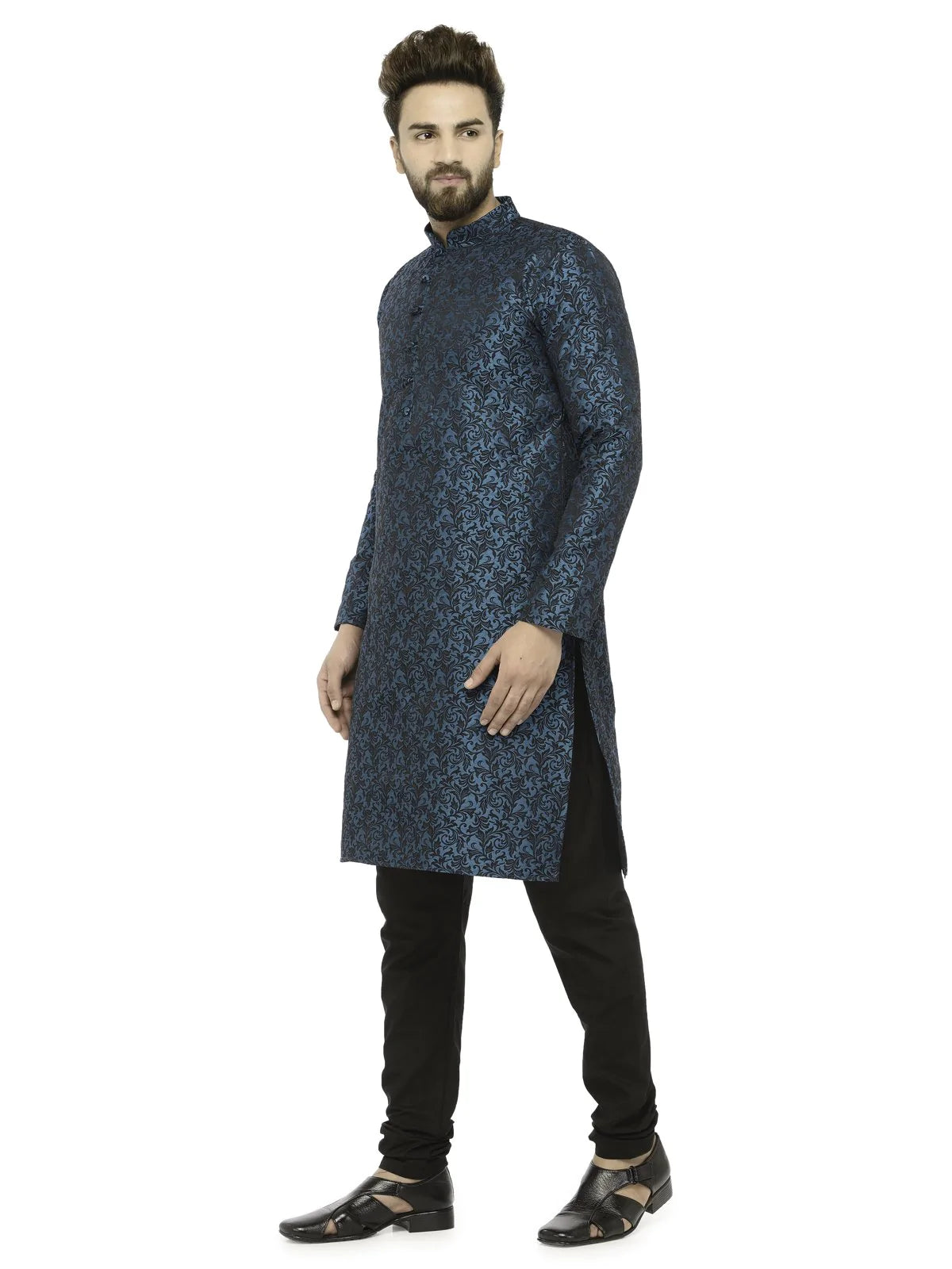 Men Green & Black Self Design Kurta with Churidar - Jompers