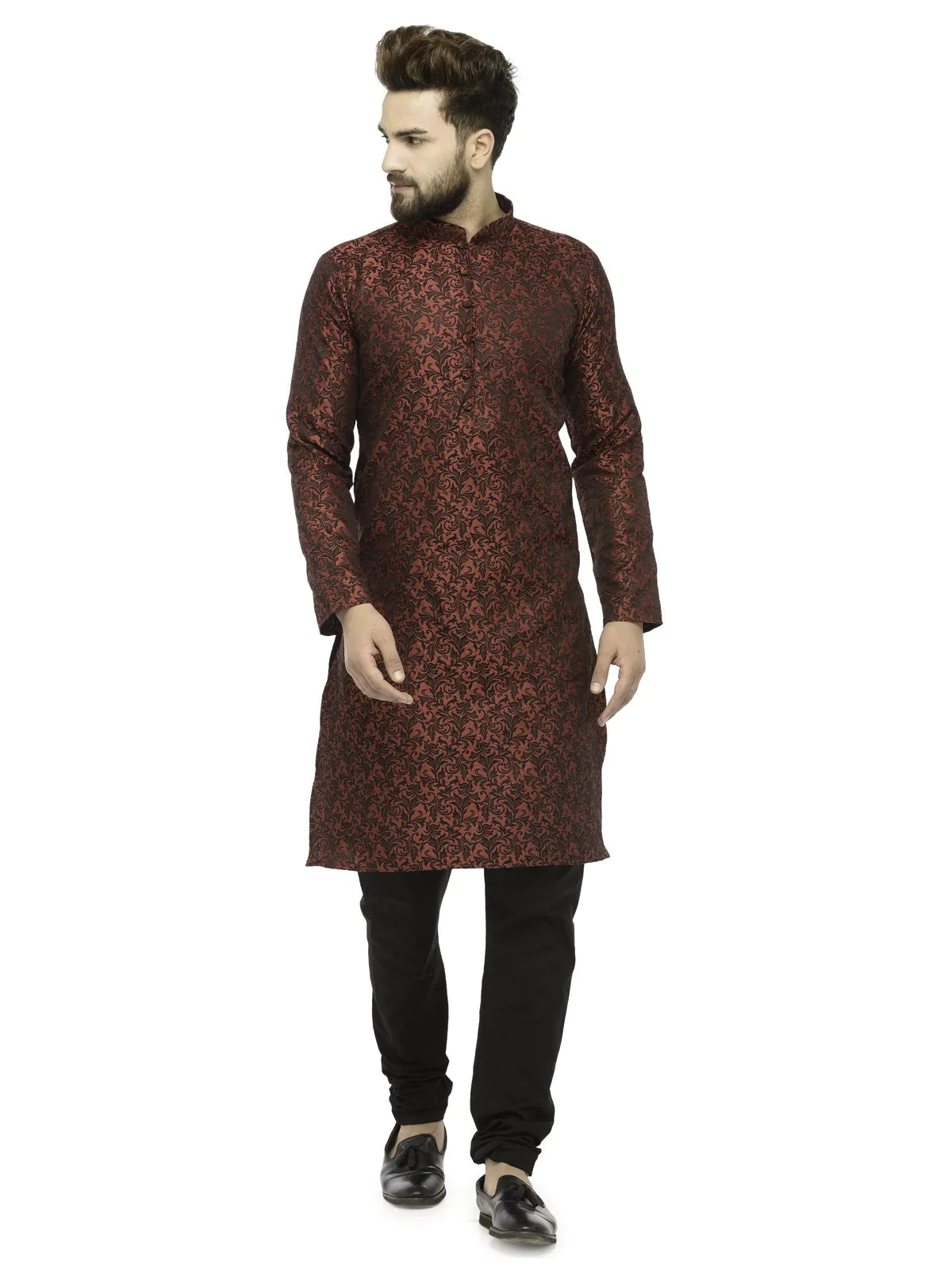 Men Maroon & Black Self Design Kurta with Churidar - Jompers