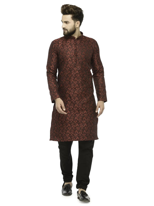 Men Maroon & Black Self Design Kurta with Churidar - Jompers