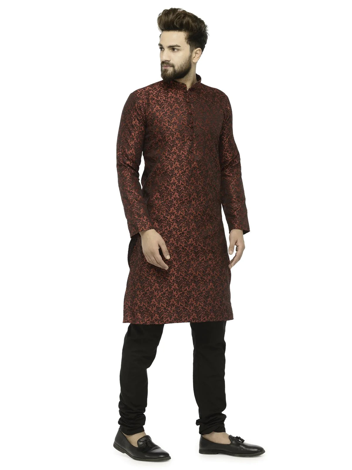 Men Maroon & Black Self Design Kurta with Churidar - Jompers