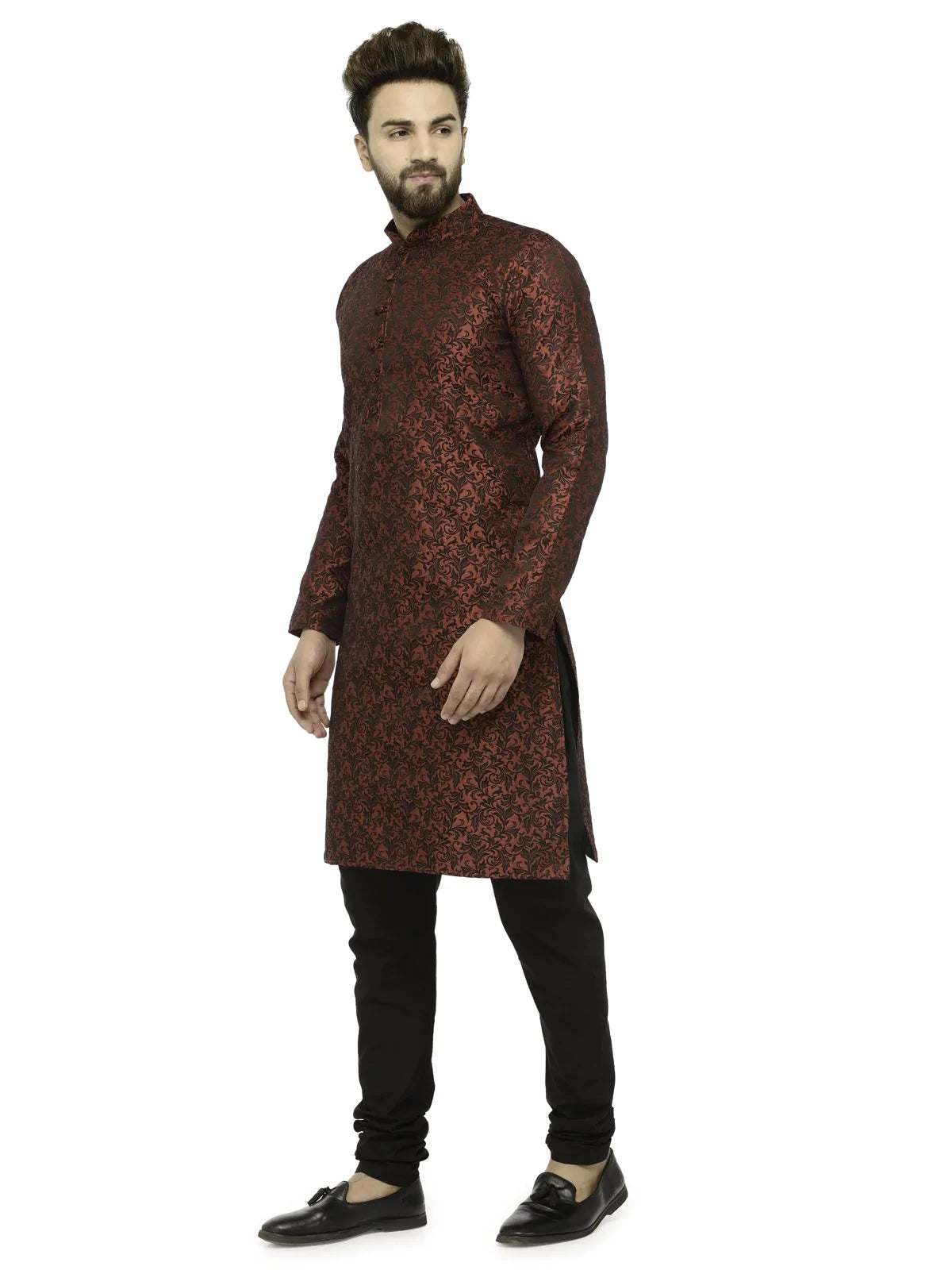 Men Maroon & Black Self Design Kurta with Churidar - Jompers