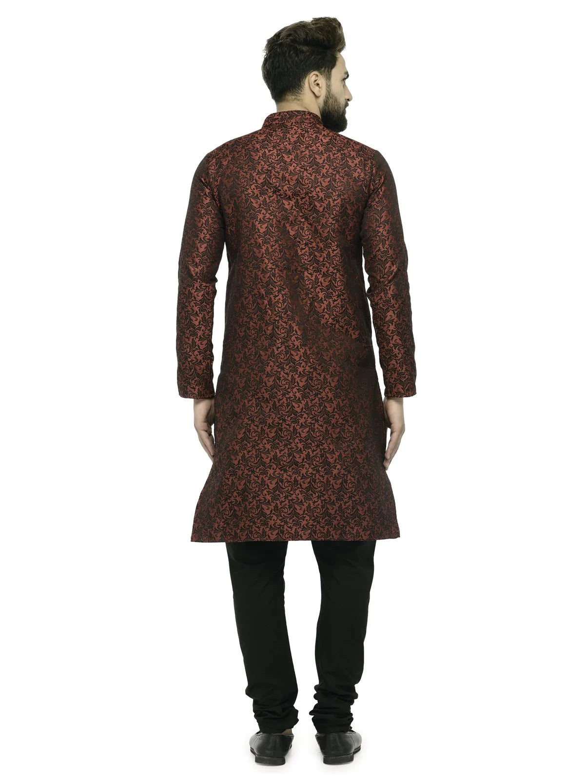 Men Maroon & Black Self Design Kurta with Churidar - Jompers