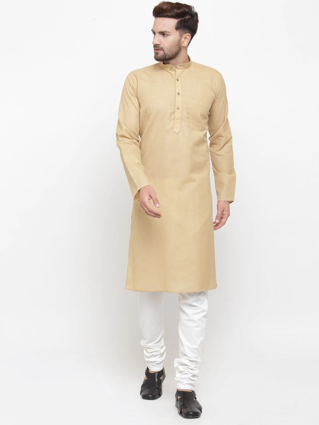 Men Beige & White Solid Kurta with Churidar - Jompers