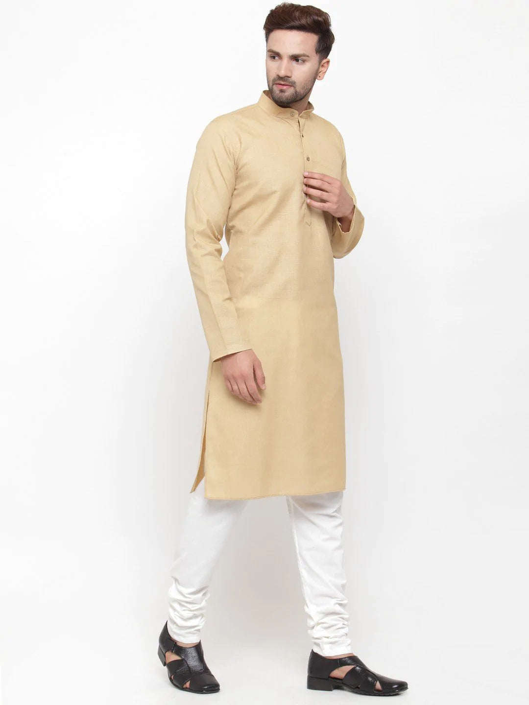 Men Beige & White Solid Kurta with Churidar - Jompers