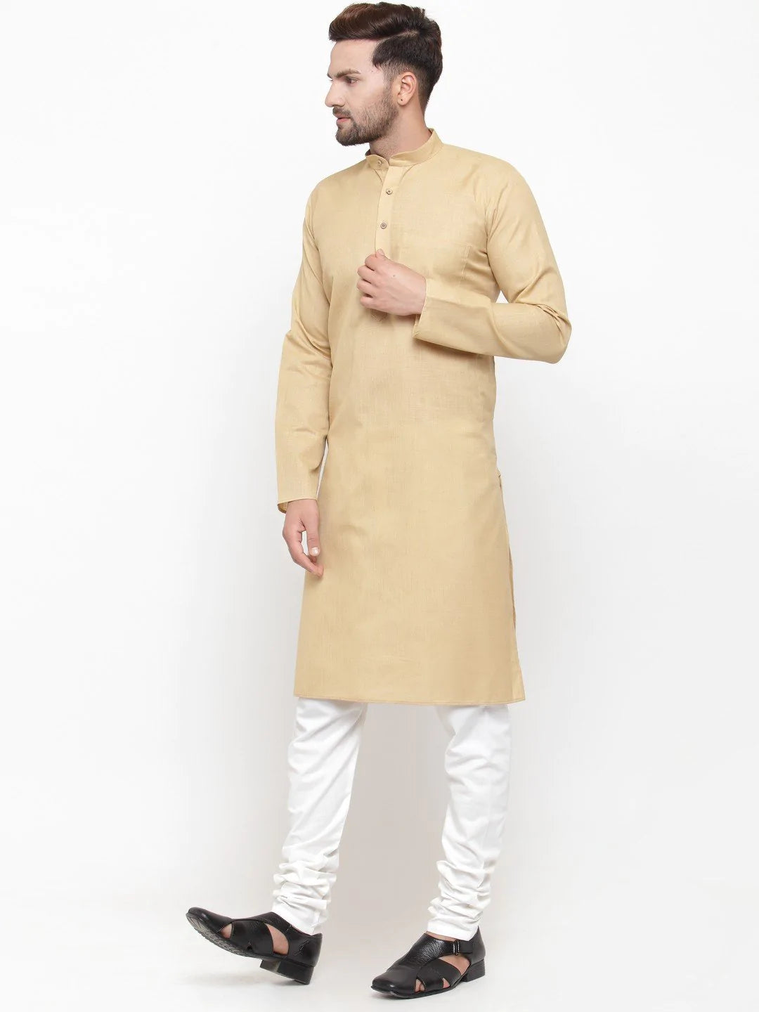 Men Beige & White Solid Kurta with Churidar - Jompers