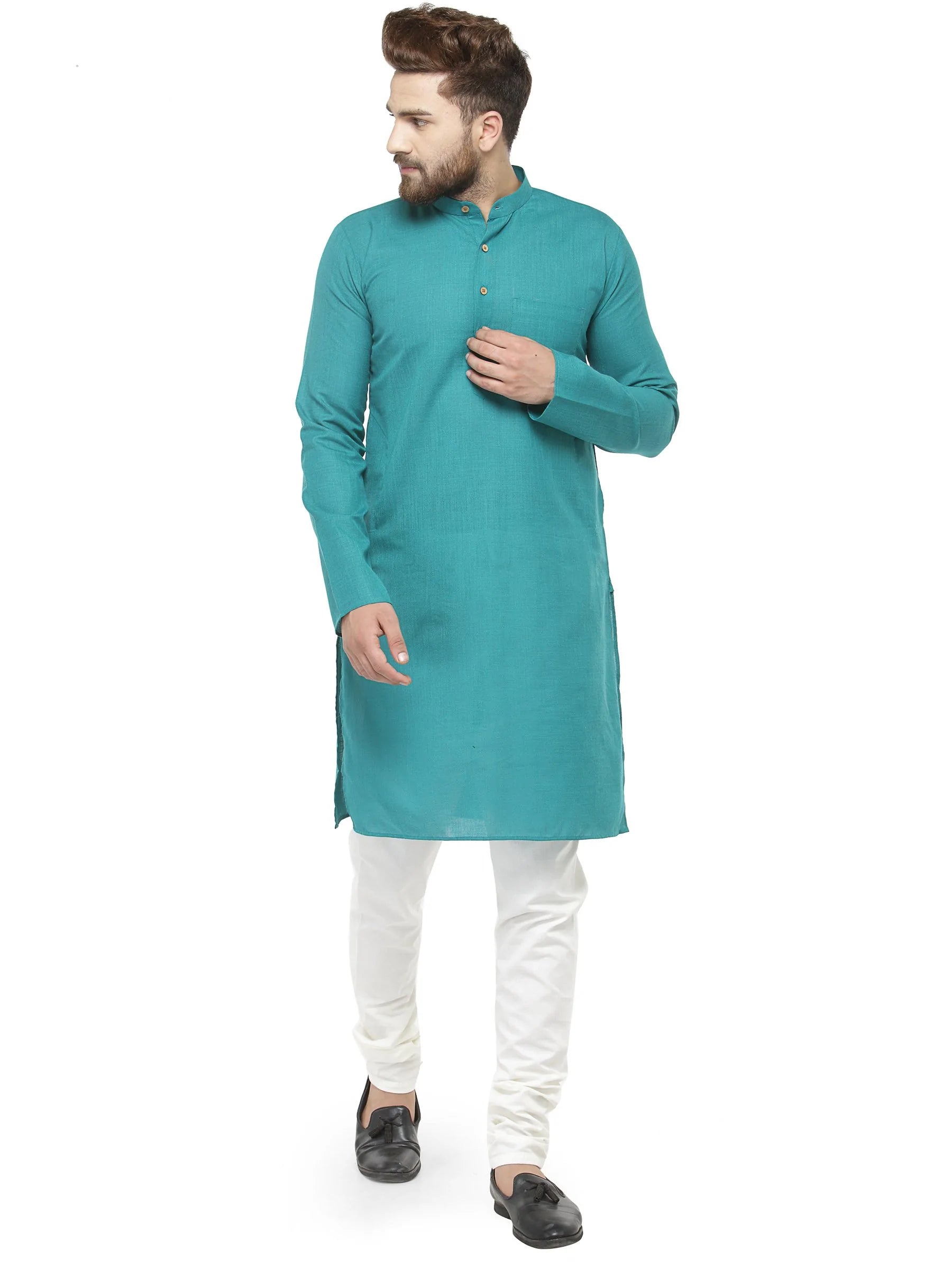 Men Green & White Solid Kurta with Churidar - Jompers
