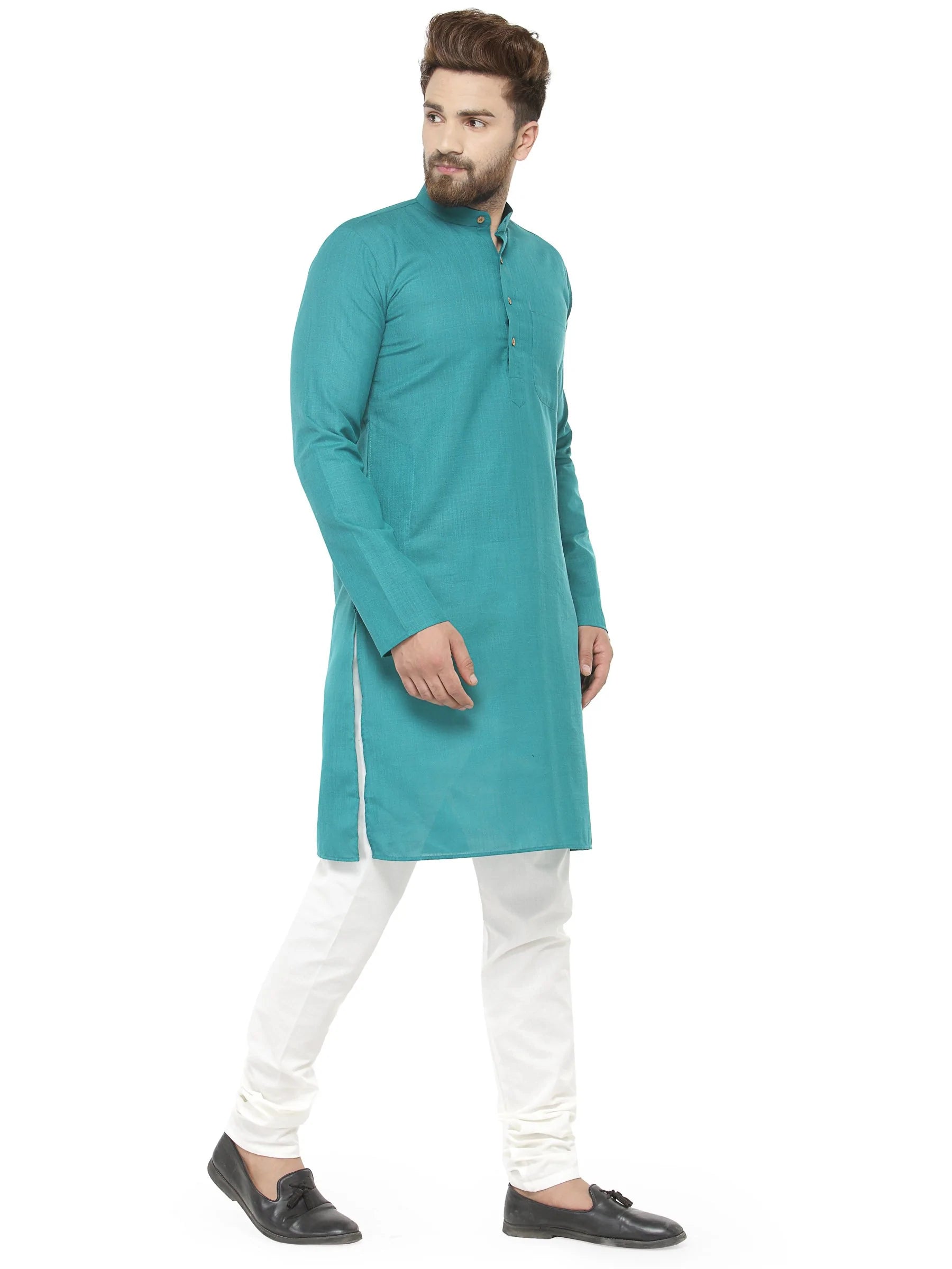 Men Green & White Solid Kurta with Churidar - Jompers