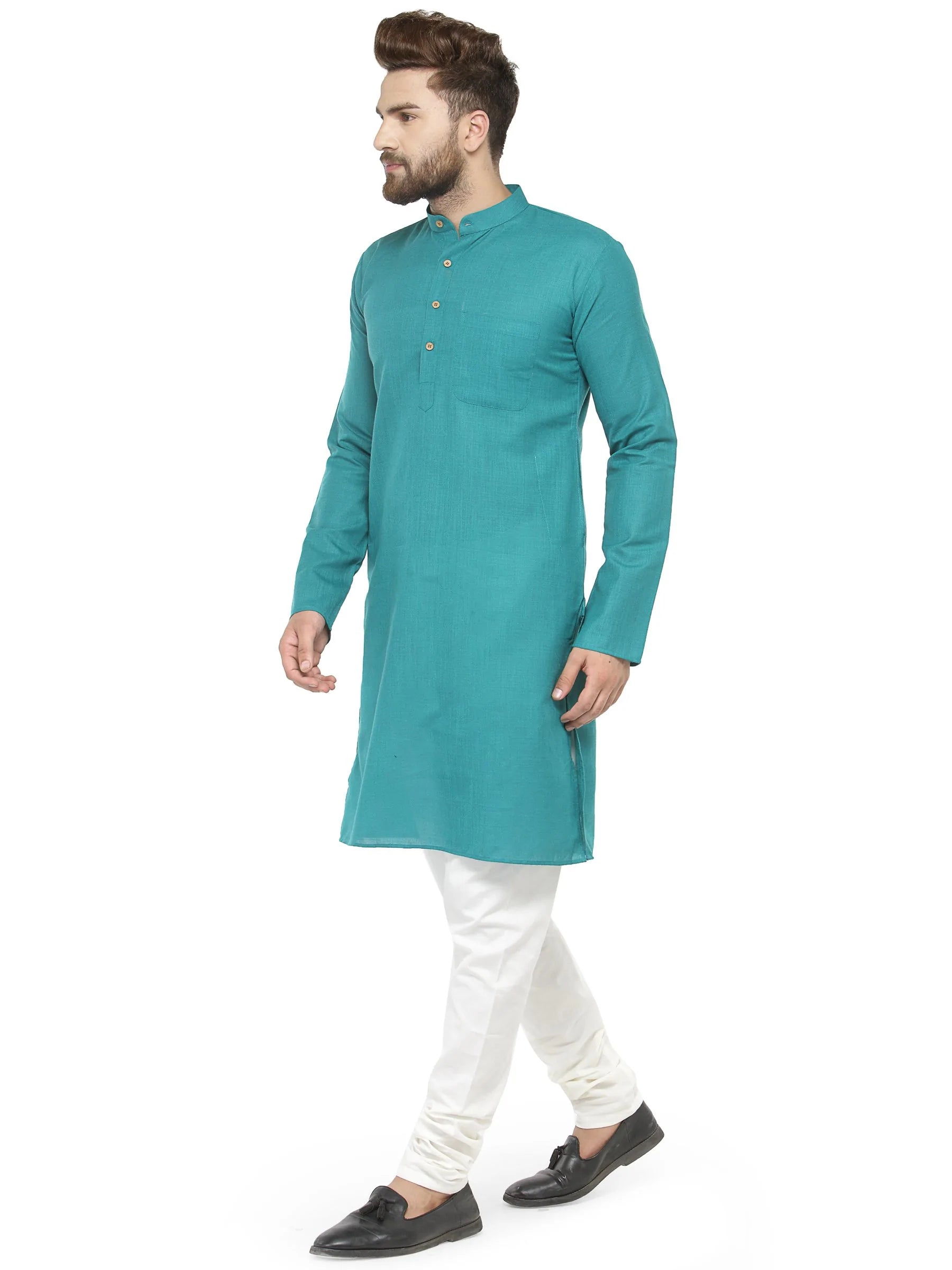 Men Green & White Solid Kurta with Churidar - Jompers